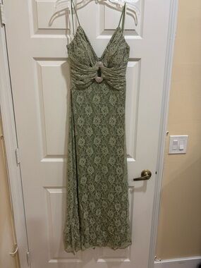 Bari Jay Olive Lace Strapless Evening Gown with Jewel Detail